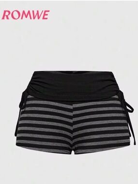 NWT ROMWE Black & Gray Striped Foldover Waist Athletic Shorts- size S
